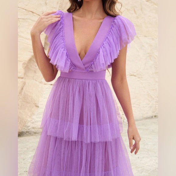 Faeriesty Plunging Neck Backless Ruffle Trim A Line Dress, Lavender- size XS - Picture 13 of 13